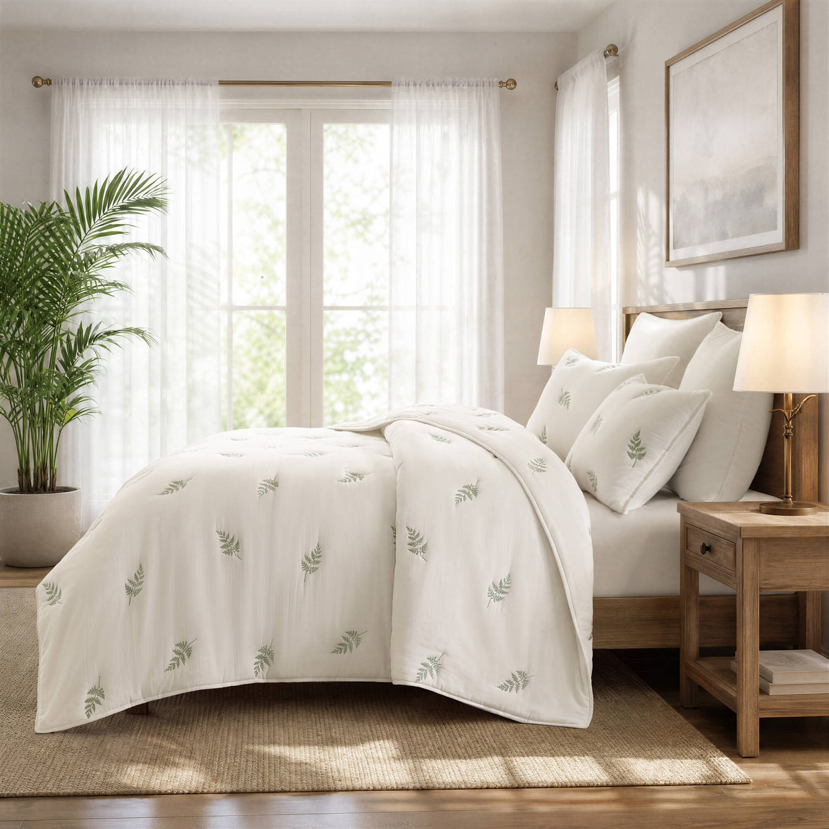 Willow Embroidered Botanical 100% Cotton Lightweight 3 Piece Quilt Set - White/Sage
