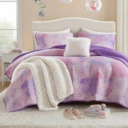 Cassiopeia Watercolor Tie Dye Printed Quilt Set with Throw Pillow - Purple