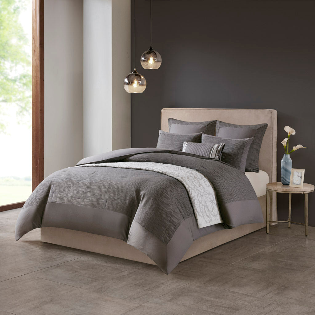 Hanae Cotton Blend Yarn Dyed 3 Piece Comforter Set - Grey