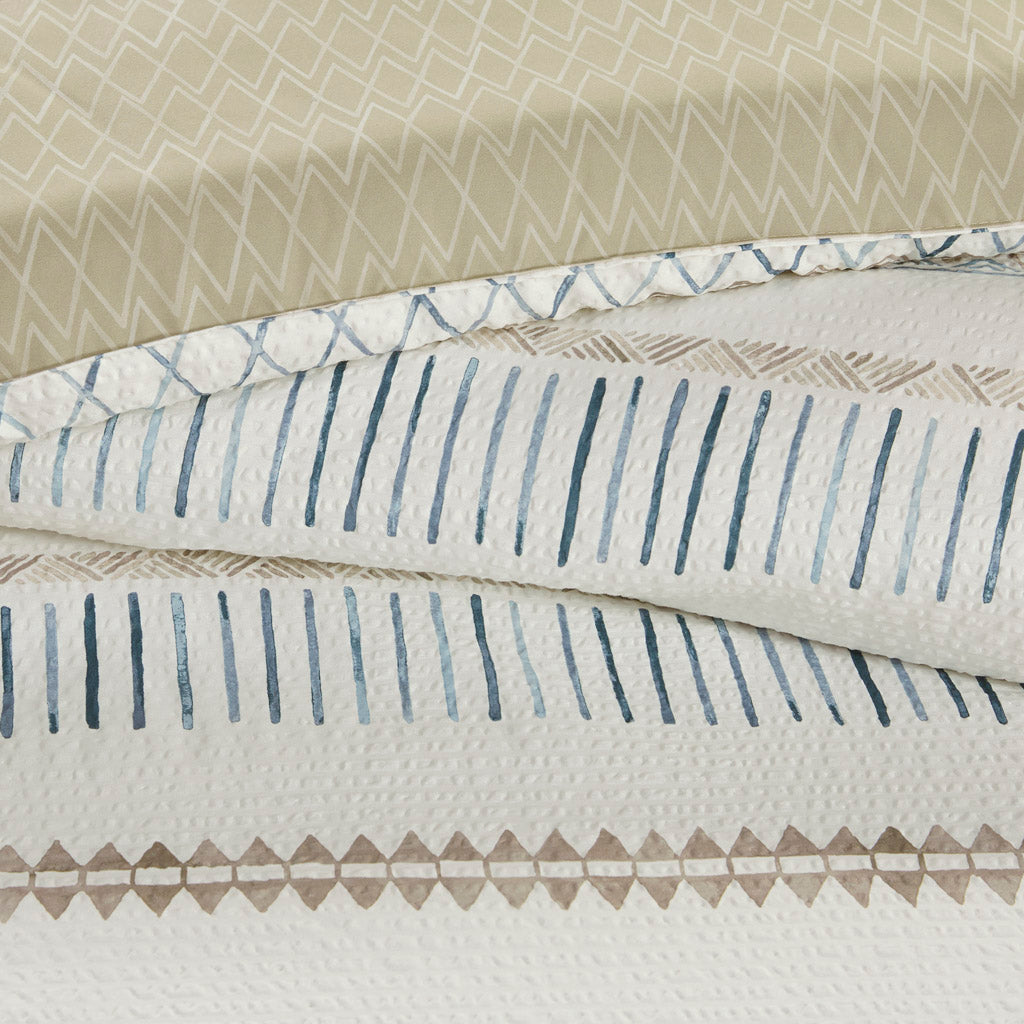 Fraser 5 Piece Printed Seersucker Comforter Set with Throw Pillows - Taupe/Blue