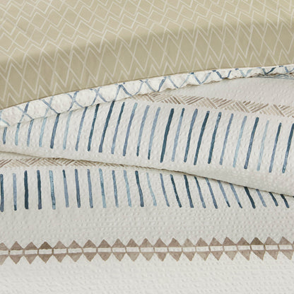 Fraser 5 Piece Printed Seersucker Comforter Set with Throw Pillows - Taupe/Blue