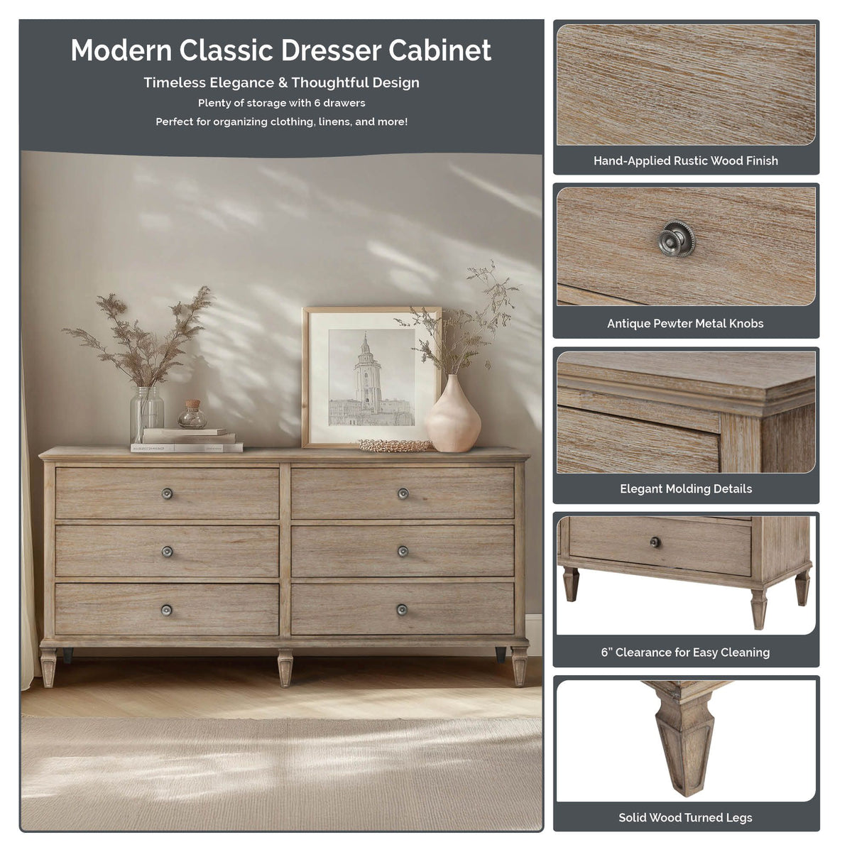 Victoria 6-drawer wood dresser (70") - Antique Cream