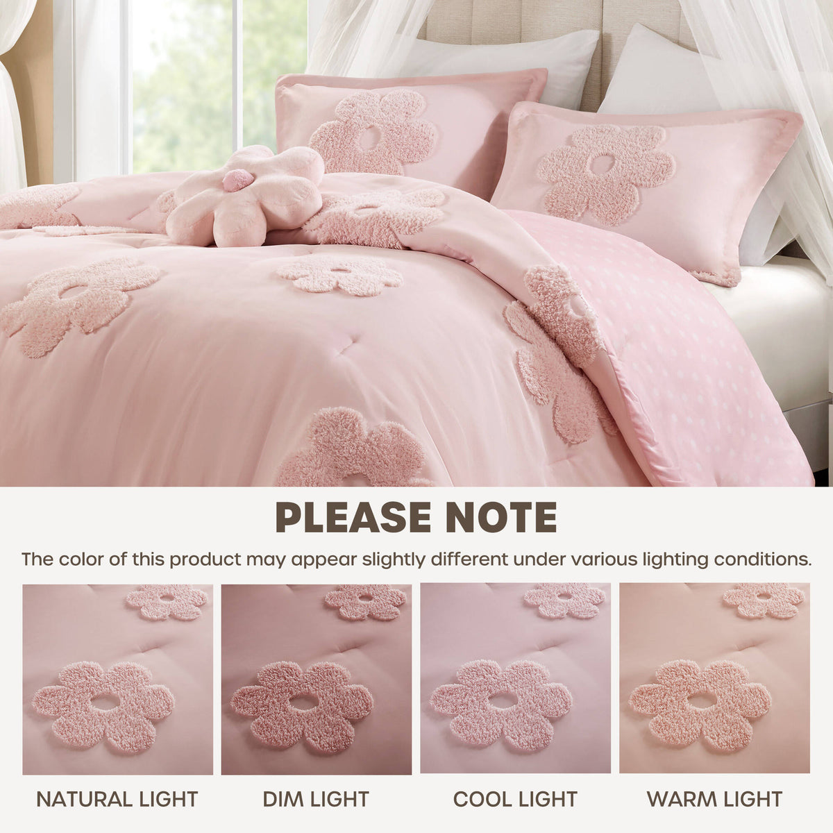 Gracie Floral Reversible Tufted Chenille Comforter Set with Flower Throw Pillow - Pink