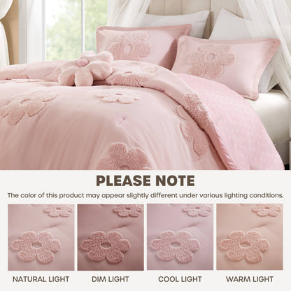 Gracie Floral Reversible Tufted Chenille Comforter Set with Flower Throw Pillow - Pink