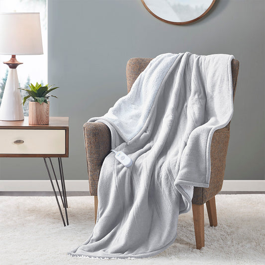 Fleece to Sherpa Heated Throw - Light Grey