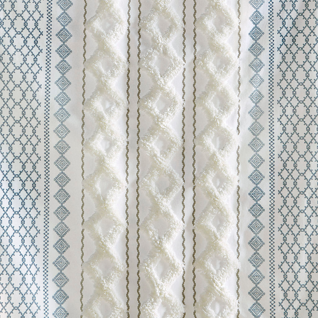 Imani Cotton Printed Curtain Panel with Chenille Stripe and Lining - White/Navy