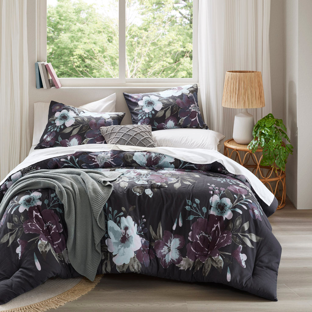 Jolene 3 Piece Cotton Printed Comforter Set - Dark Grey/Plum