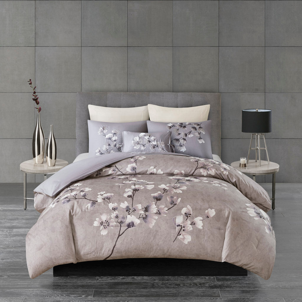 Sakura Blossom 3 Piece Cotton Sateen Printed Comforter Set - Lilac