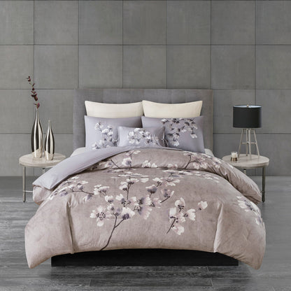Sakura Blossom 3 Piece Cotton Sateen Printed Comforter Set - Lilac