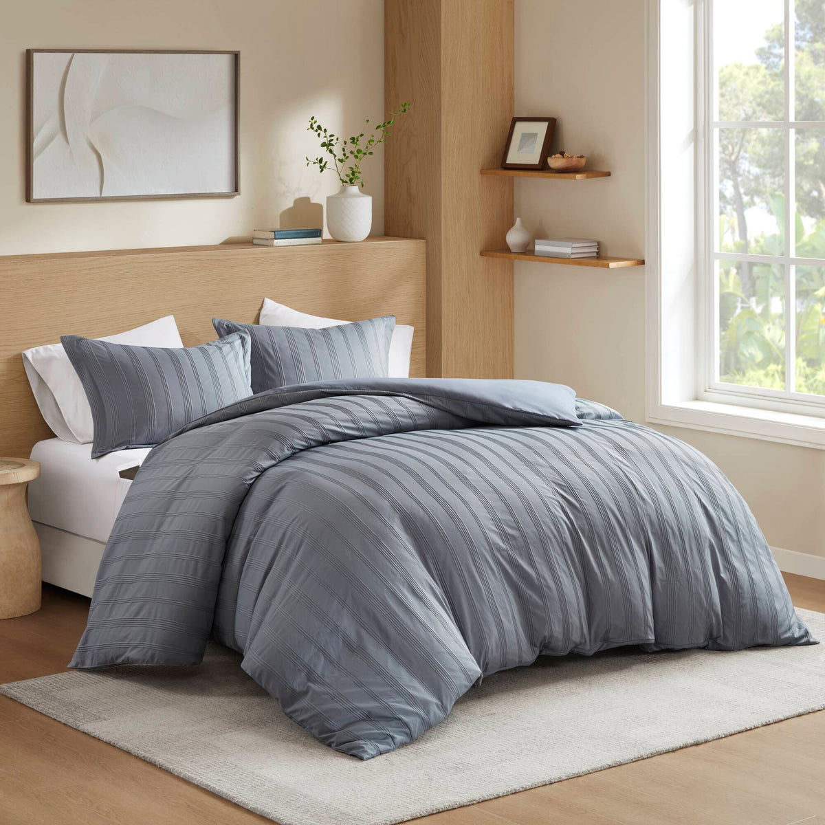 Logan Striped Reversible Pintuck Pleated Duvet Set - Blue/Grey
