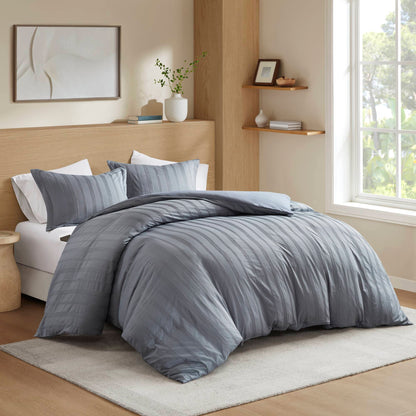 Logan Striped Reversible Pintuck Pleated Duvet Set - Blue/Grey