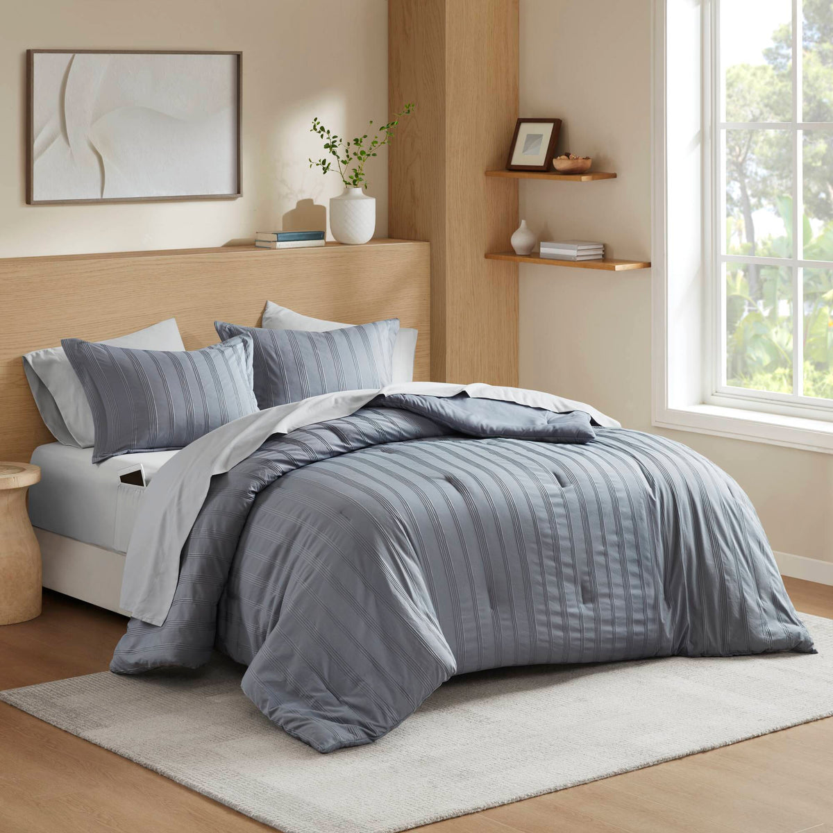 Logan Striped Reversible Pintuck Pleated Comforter Set - Blue/Grey