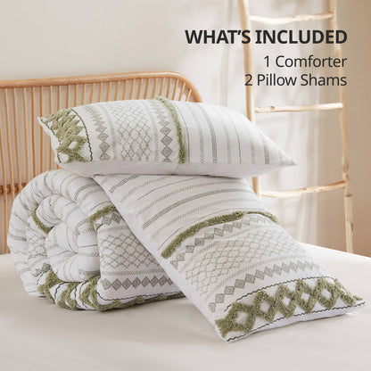 Imani Cotton Printed Comforter Set with Chenille - Sage/Ivory