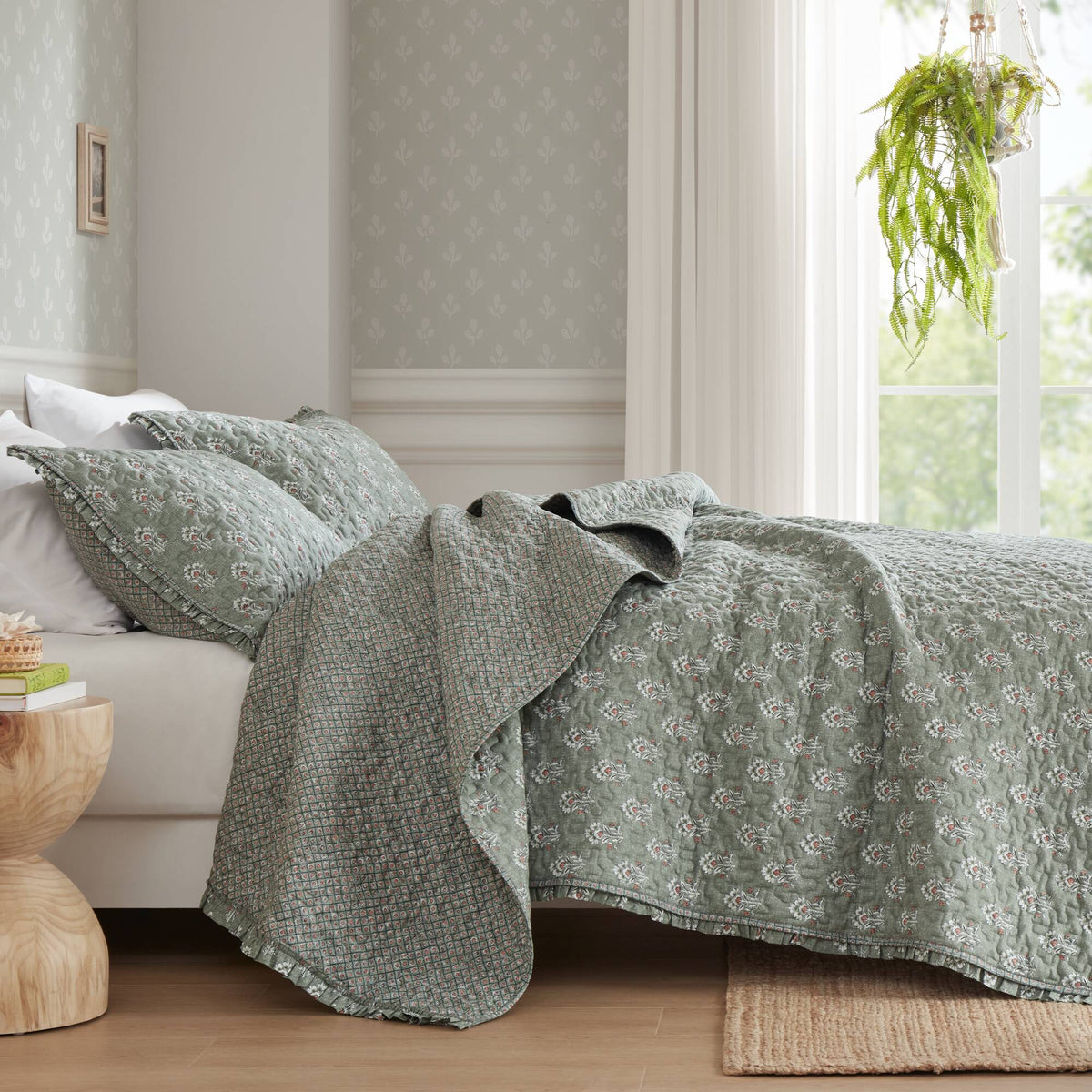 Linwood Ruffle Printed Quilt Set - Sage Green
