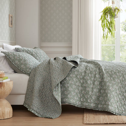 Linwood Ruffle Printed Quilt Set - Sage Green