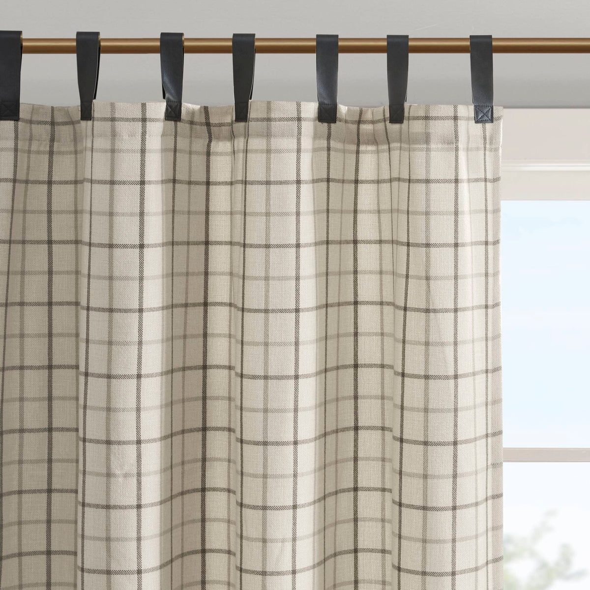 Anaheim Plaid Faux Leather Tab Top Curtain Panel with Fleece Lining - Natural