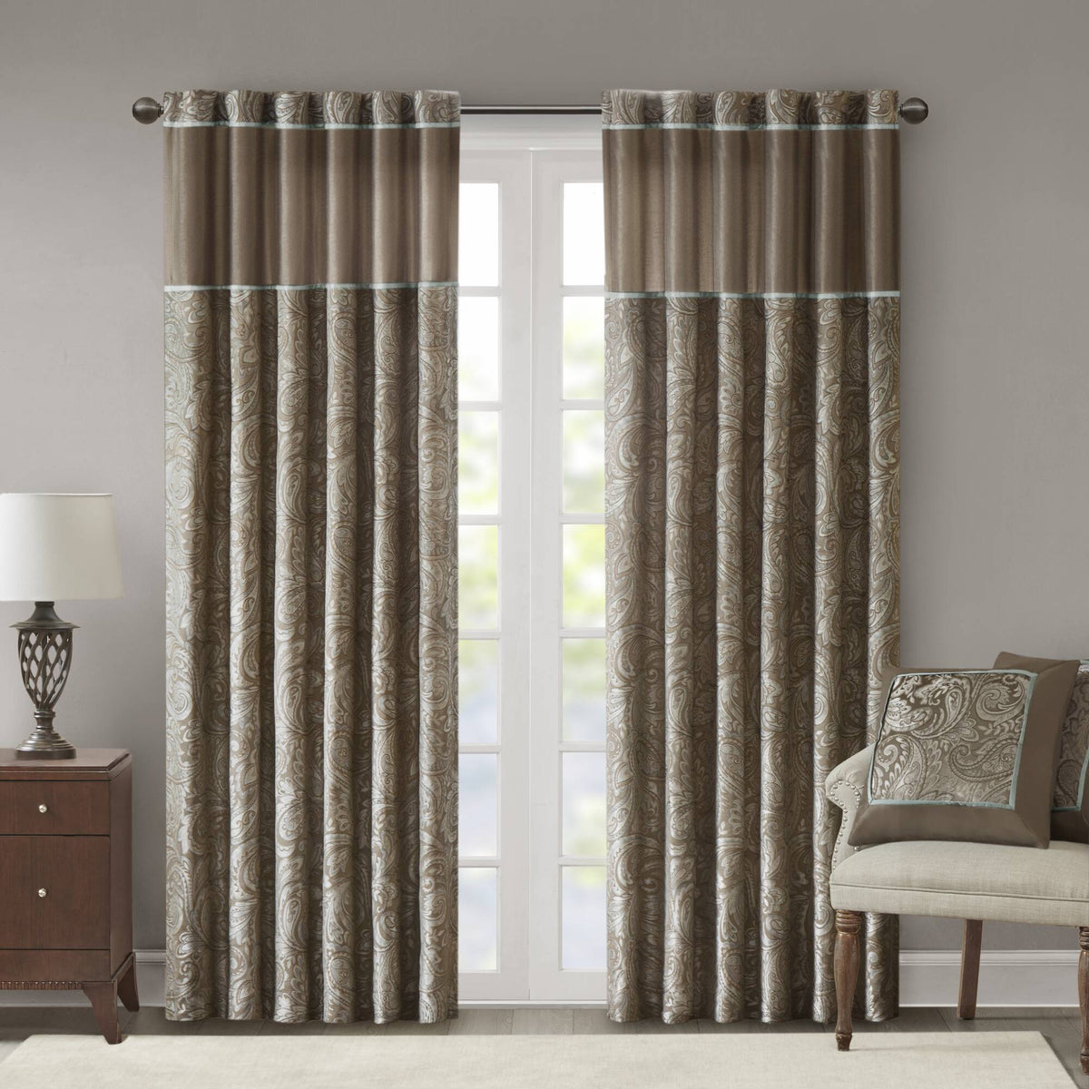Aubrey Jacquard Curtain Panel Pair - Blue/Brown