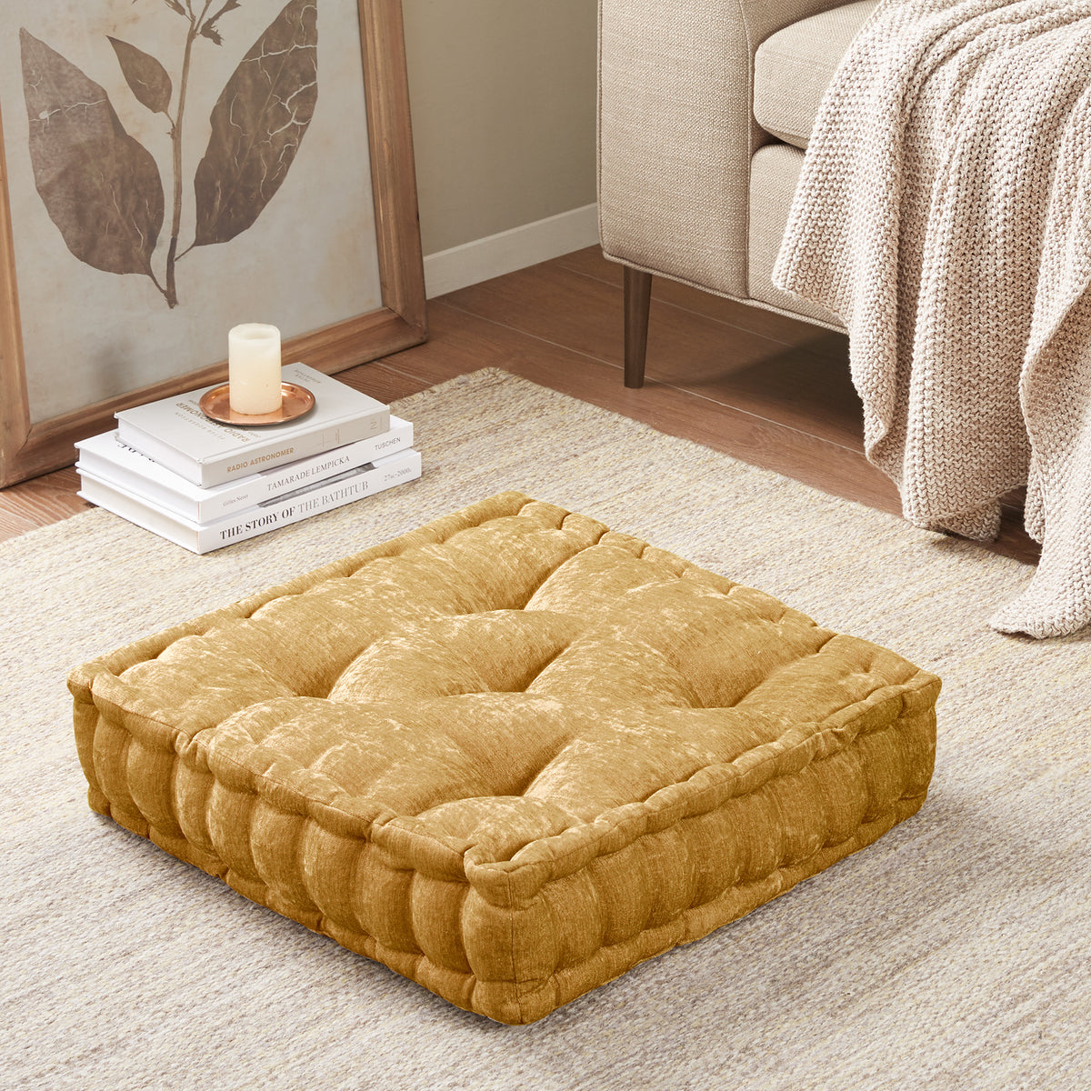 Azza Poly Chenille Square Floor Pillow Cushion Compress Pack - Yellow