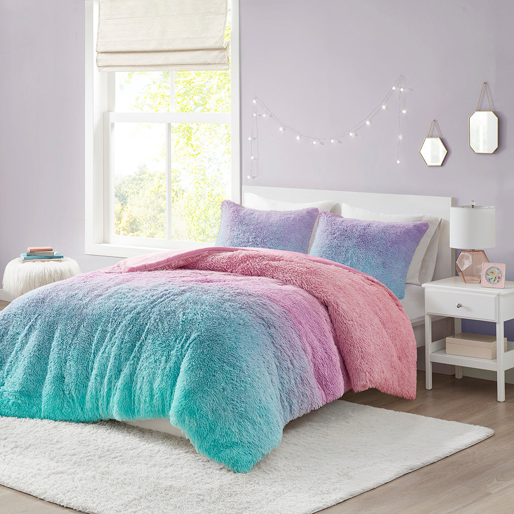 Primrose Ombre Shaggy Faux Fur Comforter Set - Purple Multi