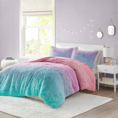 Primrose Ombre Shaggy Faux Fur Comforter Set - Purple Multi