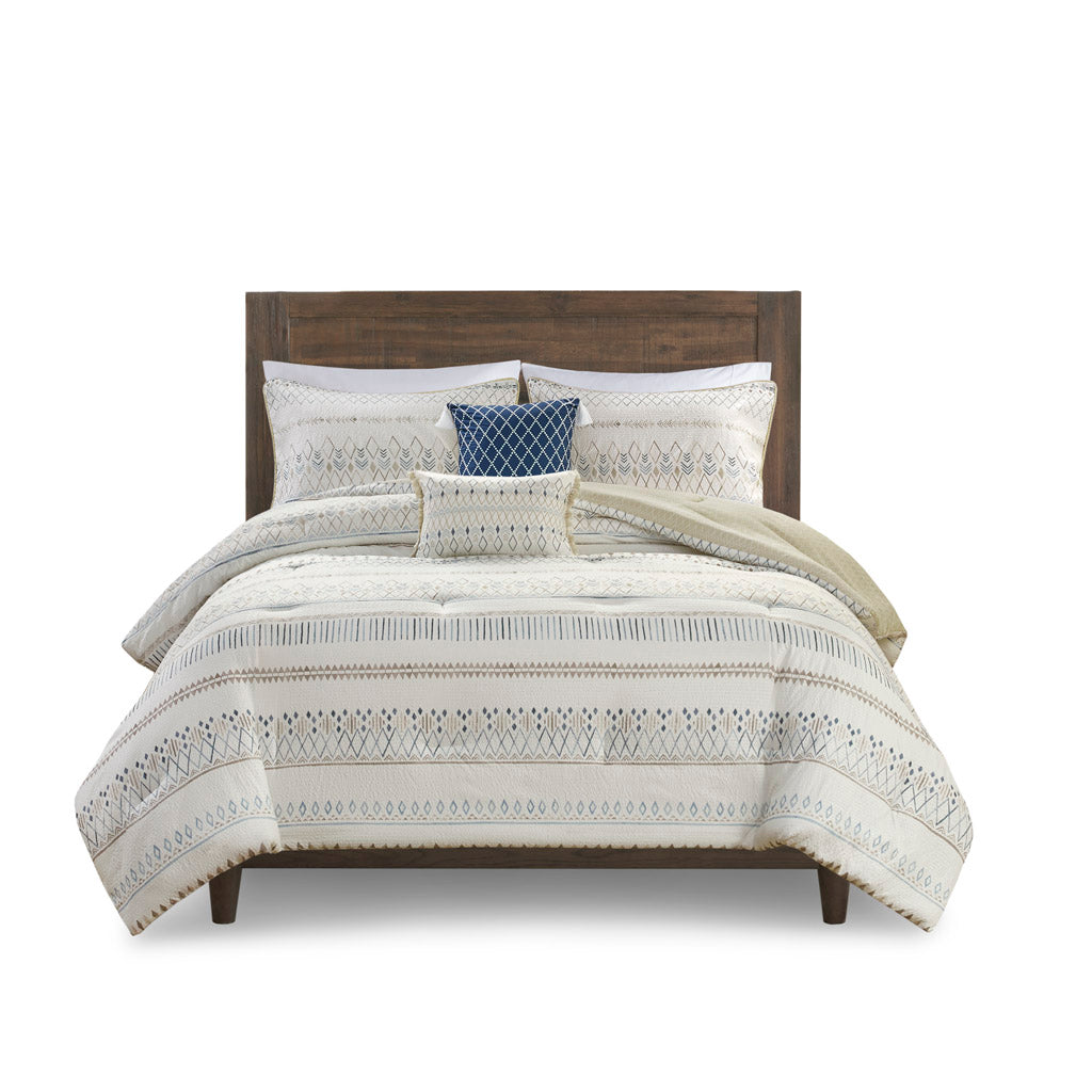 Fraser 5 Piece Printed Seersucker Comforter Set with Throw Pillows - Taupe/Blue