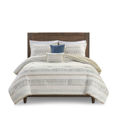 Fraser 5 Piece Printed Seersucker Comforter Set with Throw Pillows - Taupe/Blue