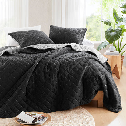 Carolina 7 Piece Stripe Comforter and Quilt Set - Black