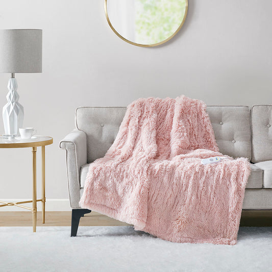Malea Shaggy Faux Fur Heated Throw - Blush
