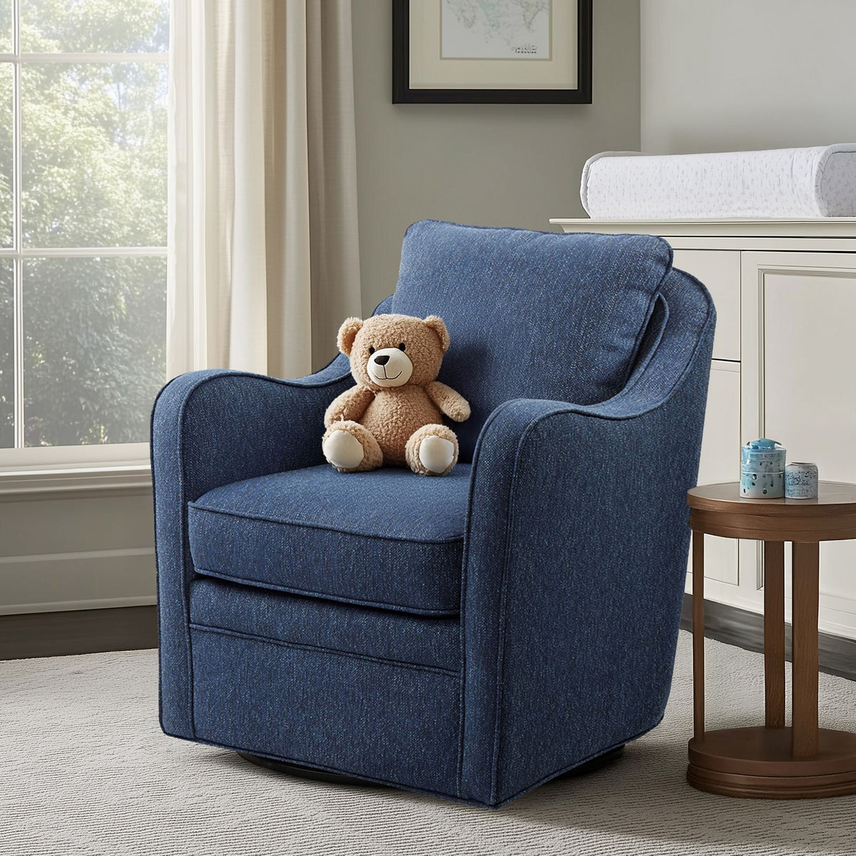 Brianne Upholstered Swivel Curved Armchair - Navy