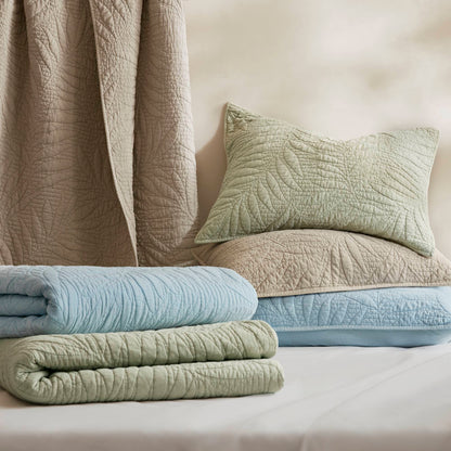 Botanical Leaves 3 Piece Cotton Quilt Set - Sage