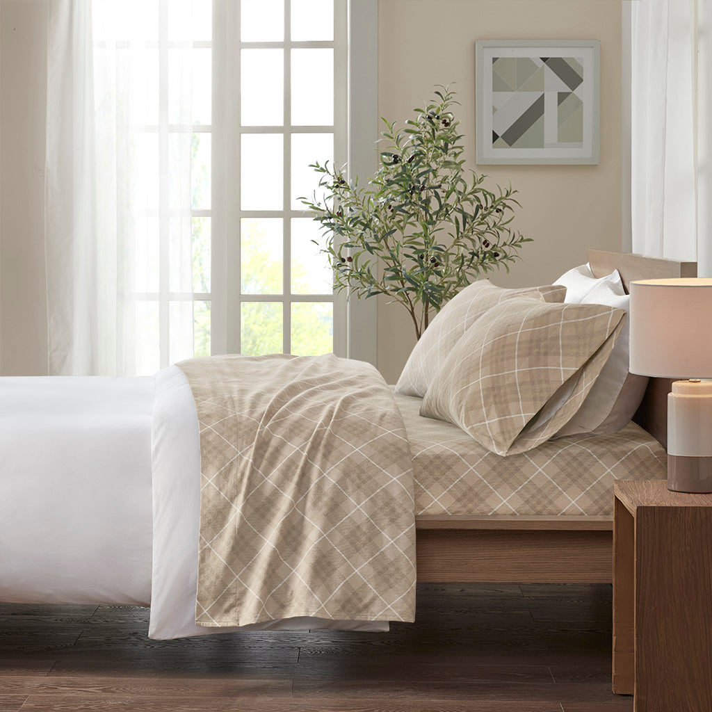 Cozy Cotton Flannel Printed Sheet Set - Tan Plaid