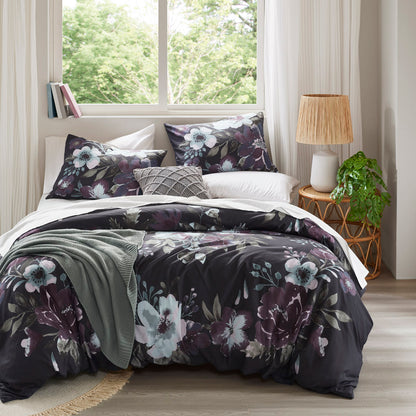 Jolene 3 Piece Cotton Duvet Cover Set - Dark Grey/Plum