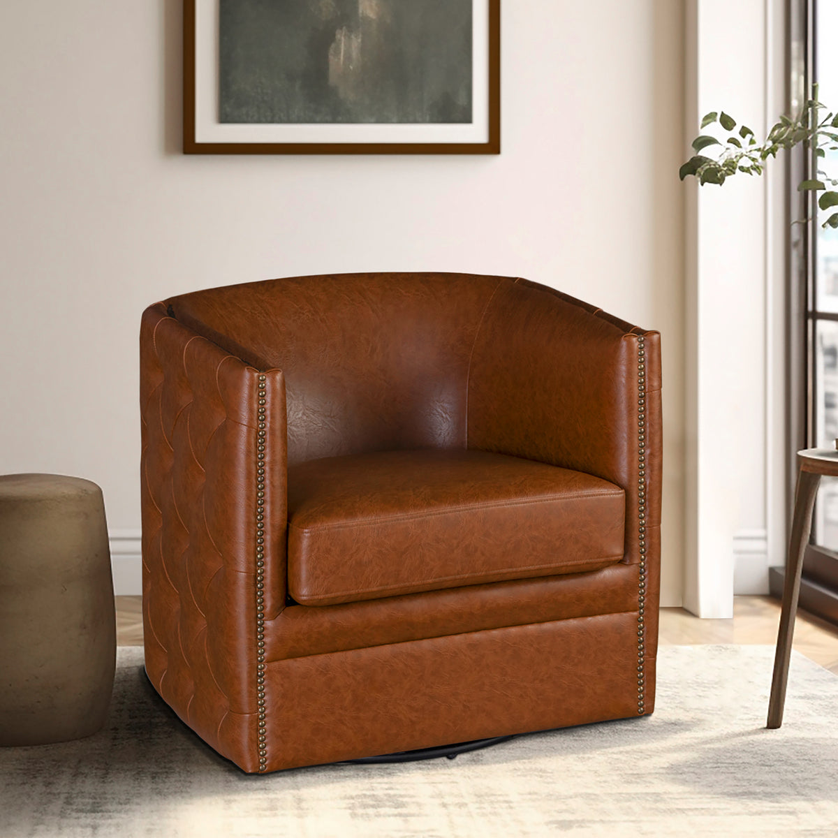 Capstone 360-degree Swivel Barrel chair with Tufting and Nail heads - Brown