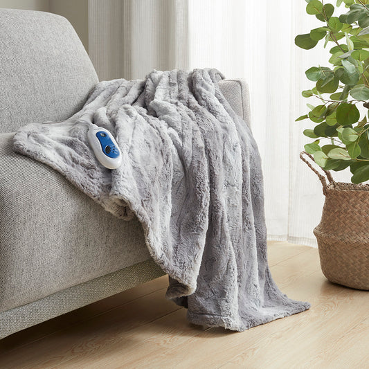 Zuri Oversized Faux Fur Heated Throw - Grey
