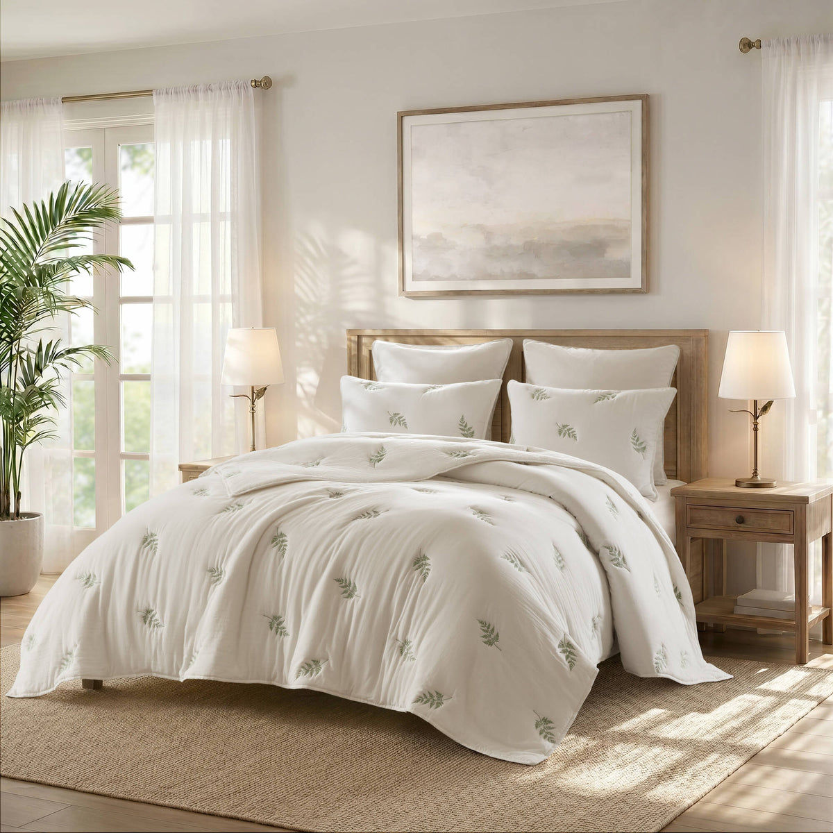 Willow Embroidered Botanical 100% Cotton Lightweight 3 Piece Quilt Set - White/Sage