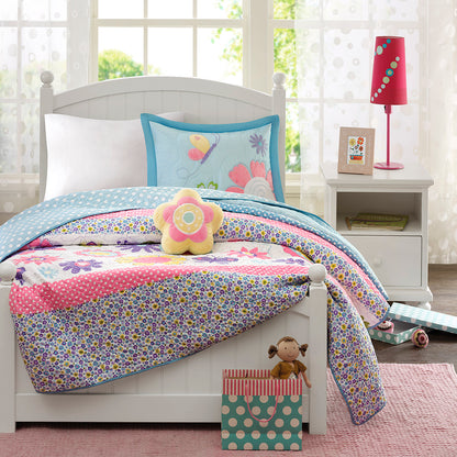 Crazy Daisy Reversible Quilt Set with Throw Pillow - Multi