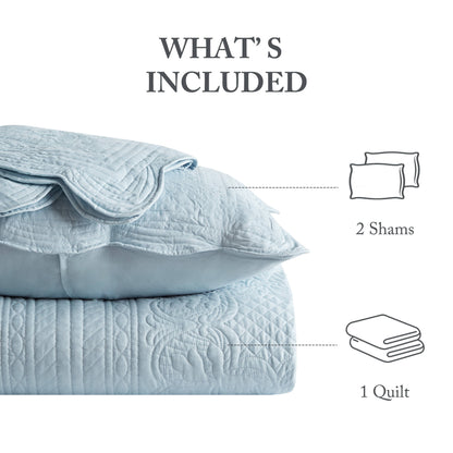 Tuscany 3 Piece Reversible Scalloped Edge Quilt Set - Blue