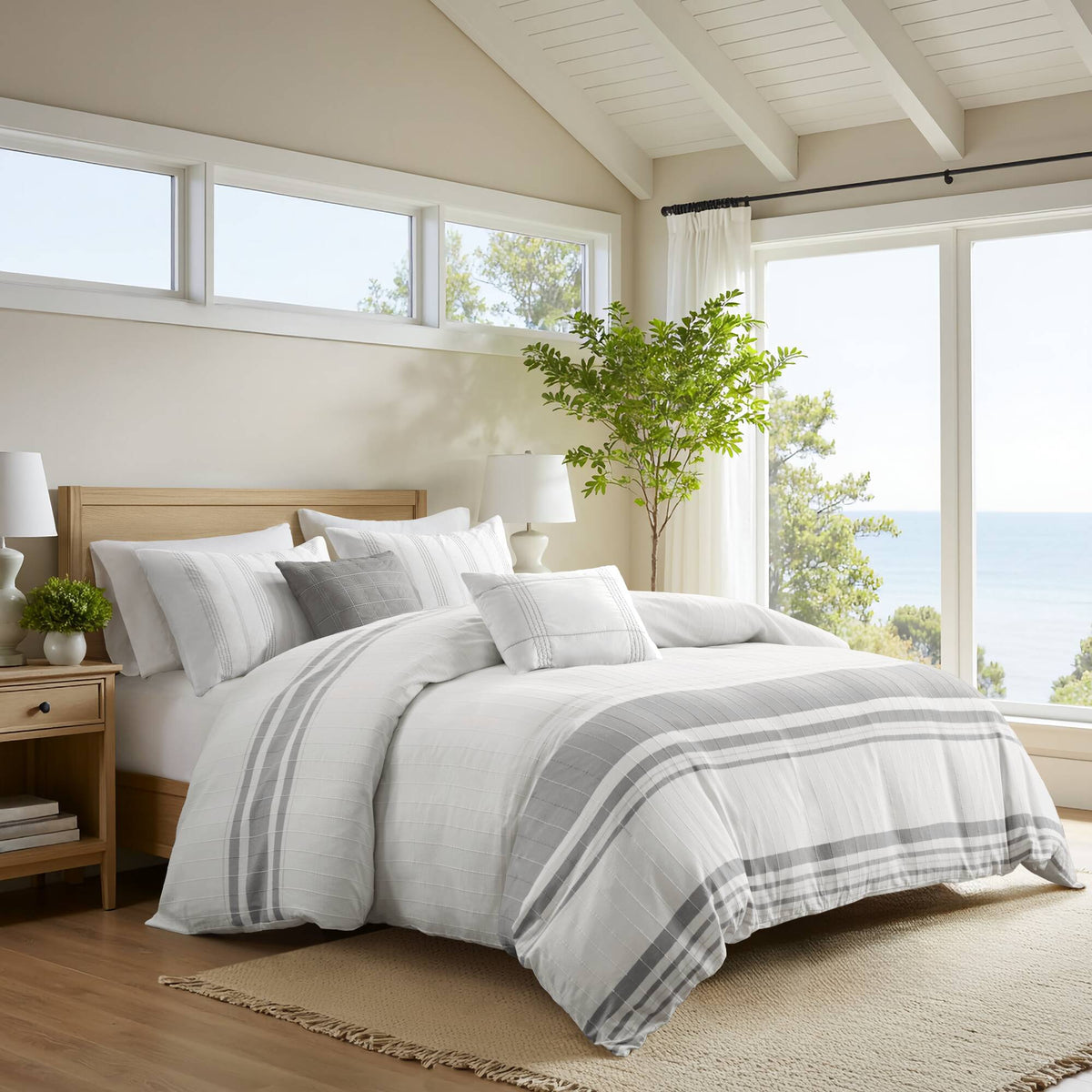 Morgan 5 Piece Cotton Jaquard Duvet Set - White/Grey