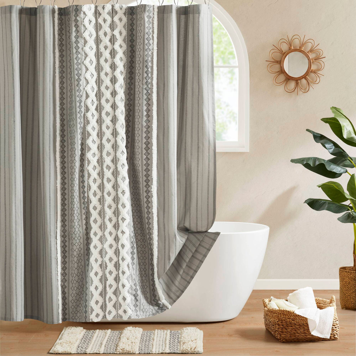 Imani Cotton Printed Shower Curtain with Chenille - Gray