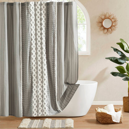 Imani Cotton Printed Shower Curtain with Chenille - Gray
