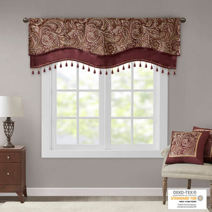Aubrey Jacquard Window Rod Pocket Valance With Beads - Burgundy