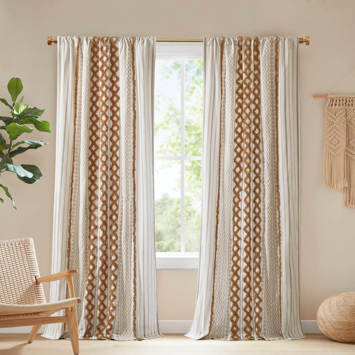 Imani Cotton Printed Curtain Panel with Chenille Stripe and Lining - Terracotta