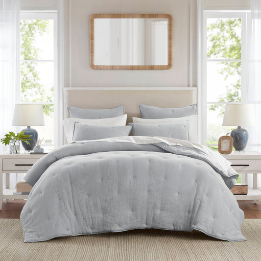 Breeze cotton gauze embroidered Quilt Set - Blue