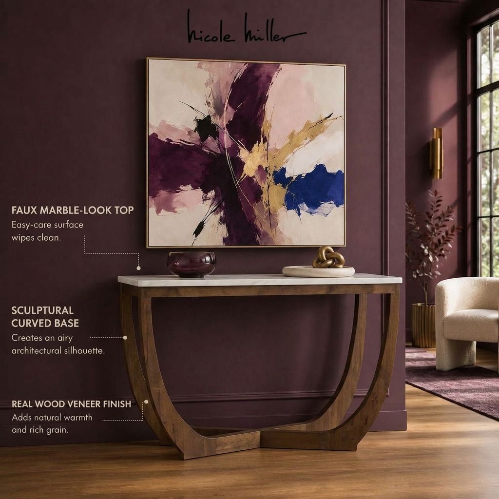Calvedra Curve Marble-Look Console Table with Curved Walnut Wood Legs - White Marble/Walnut