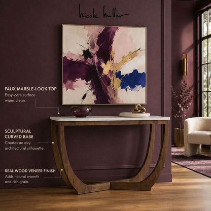 Calvedra Curve Marble-Look Console Table with Curved Walnut Wood Legs - White Marble/Walnut
