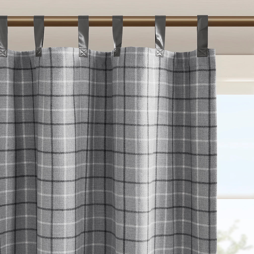 Anaheim Plaid Faux Leather Tab Top Curtain Panel with Fleece Lining - Grey