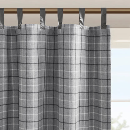 Anaheim Plaid Faux Leather Tab Top Curtain Panel with Fleece Lining - Grey