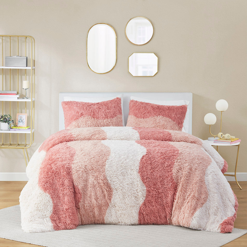 Cassie Ombre Shaggy Faux Fur Comforter Set - Blush Multi