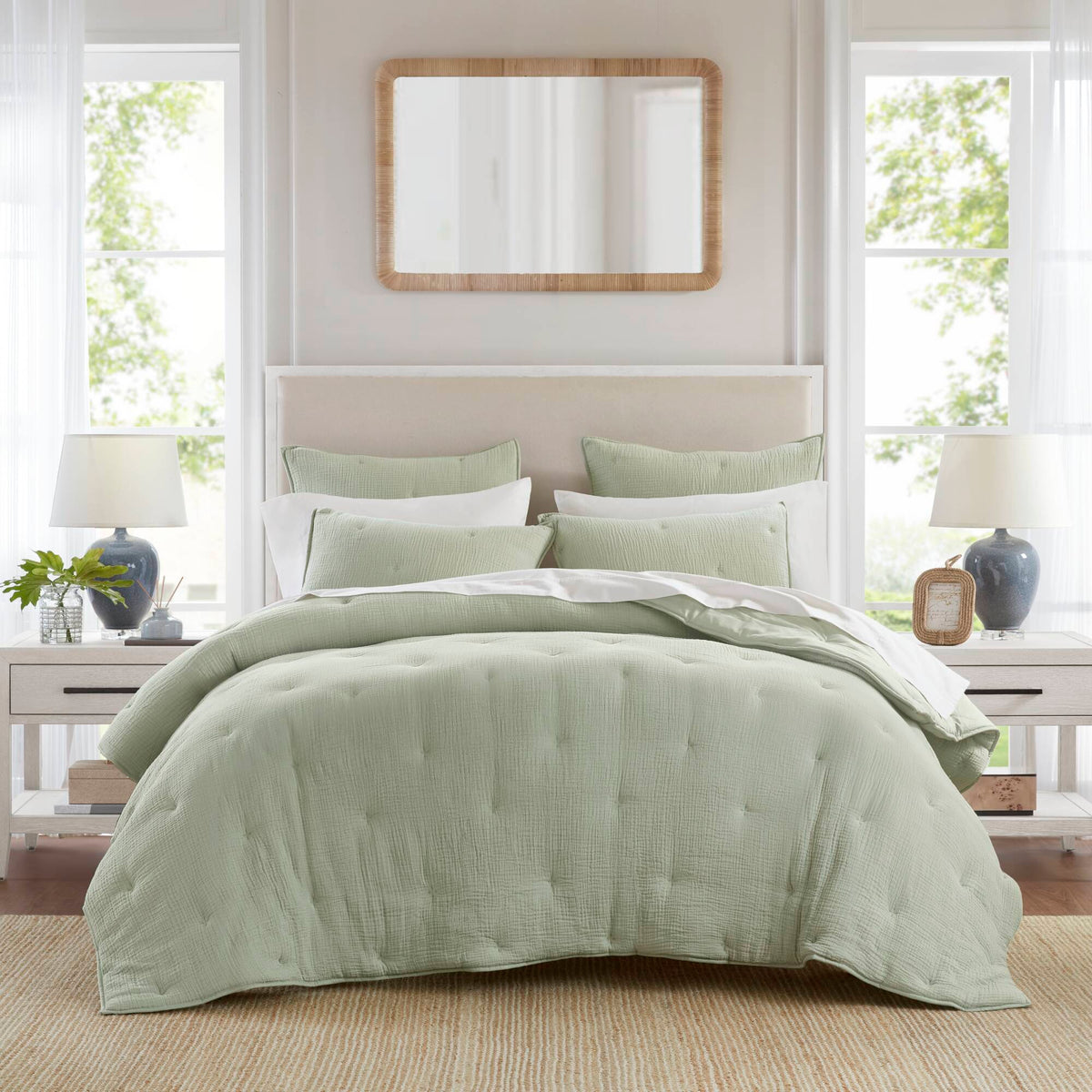 Breeze cotton gauze embroidered Quilt Set - Sage