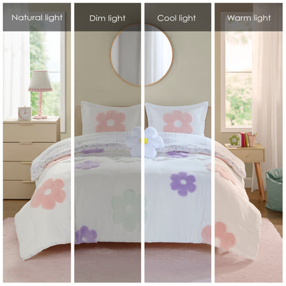 Gracie Floral Reversible Tufted Chenille Comforter Set with Flower Throw Pillow - White/Purple
